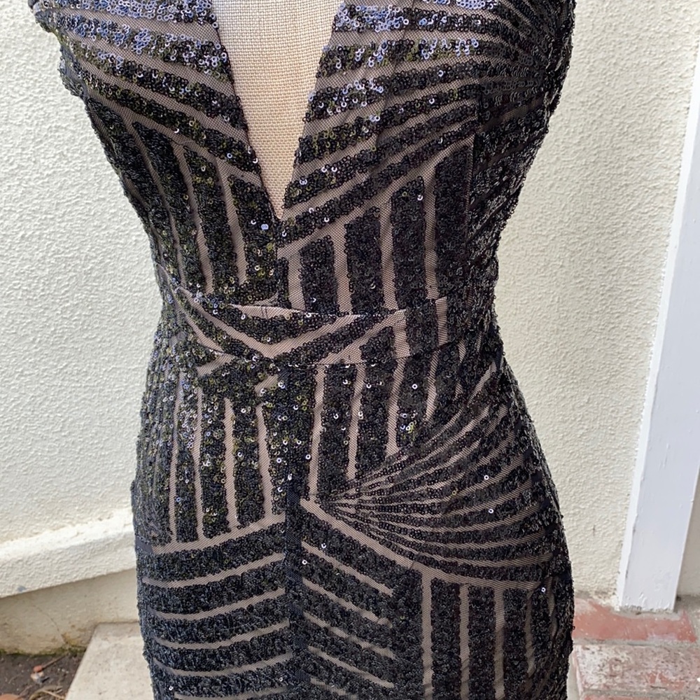 Rubber Ducky black gorgeous sequin low cut dress w/ slit up the front at bottom. - Picture 4 of 14